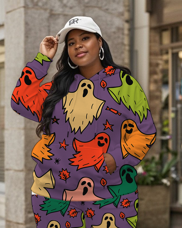 Women's Plus Size Halloween Graffiti Hoodie Set