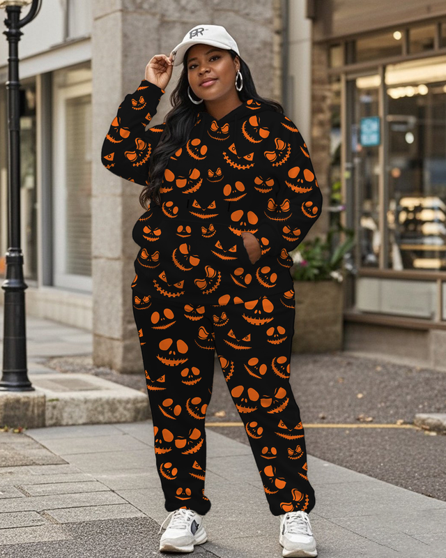 Women's Plus Size Halloween Graffiti Hoodie Set