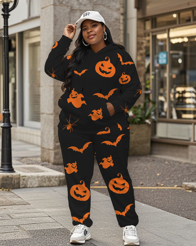 Women's Plus Size Halloween Graffiti Hoodie Set