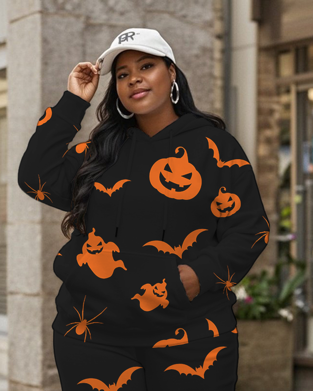 Women's Plus Size Halloween Graffiti Hoodie Set