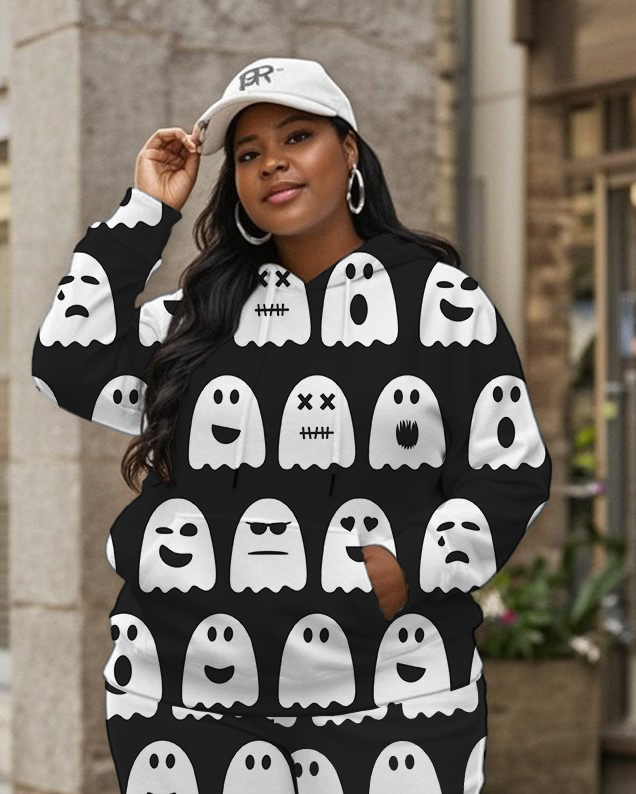 Women's Plus Size Halloween Graffiti Hoodie Set