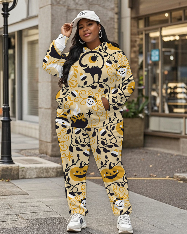 Women's Plus Size Halloween Graffiti Hoodie Set