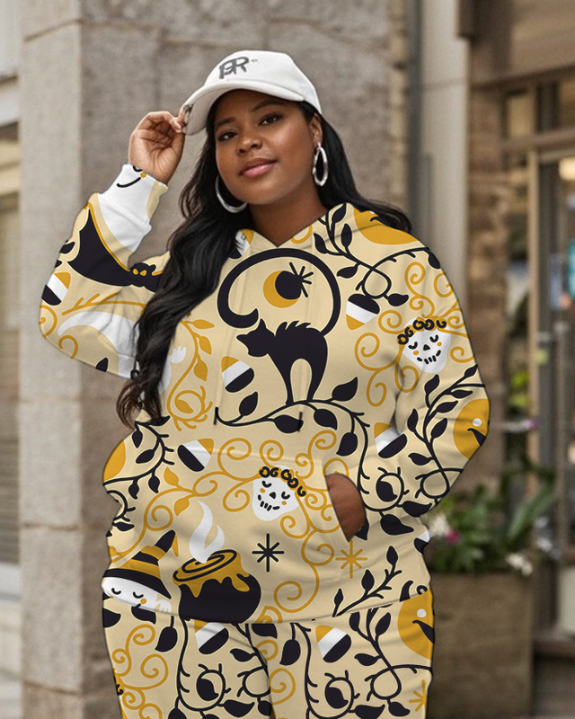 Women's Plus Size Halloween Graffiti Hoodie Set