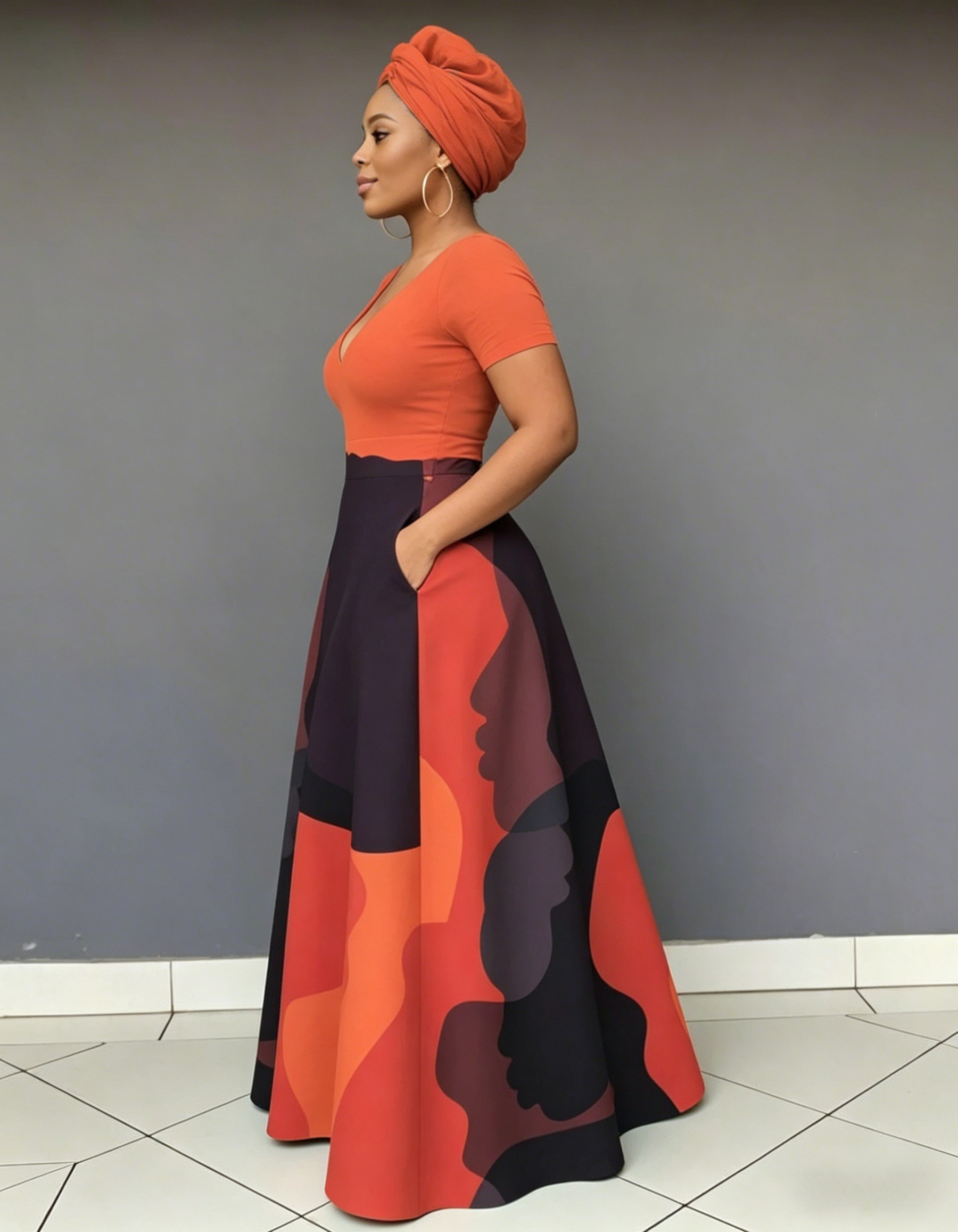 V Neck Face Line Art Short Sleeve Maxi Dress