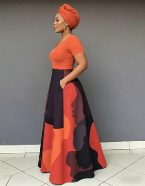 V Neck Face Line Art Short Sleeve Maxi Dress