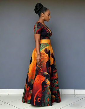 V Neck Beautiful African Woman Short Sleeve Maxi Dress