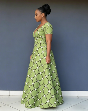 V Neck African Circular Print Short Sleeve Maxi Dress