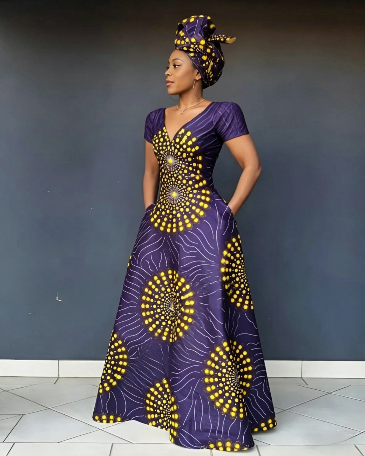V Neck African Yellow Polka Dots Short Sleeve Maxi Dress