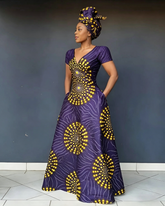 V Neck African Yellow Polka Dots Short Sleeve Maxi Dress