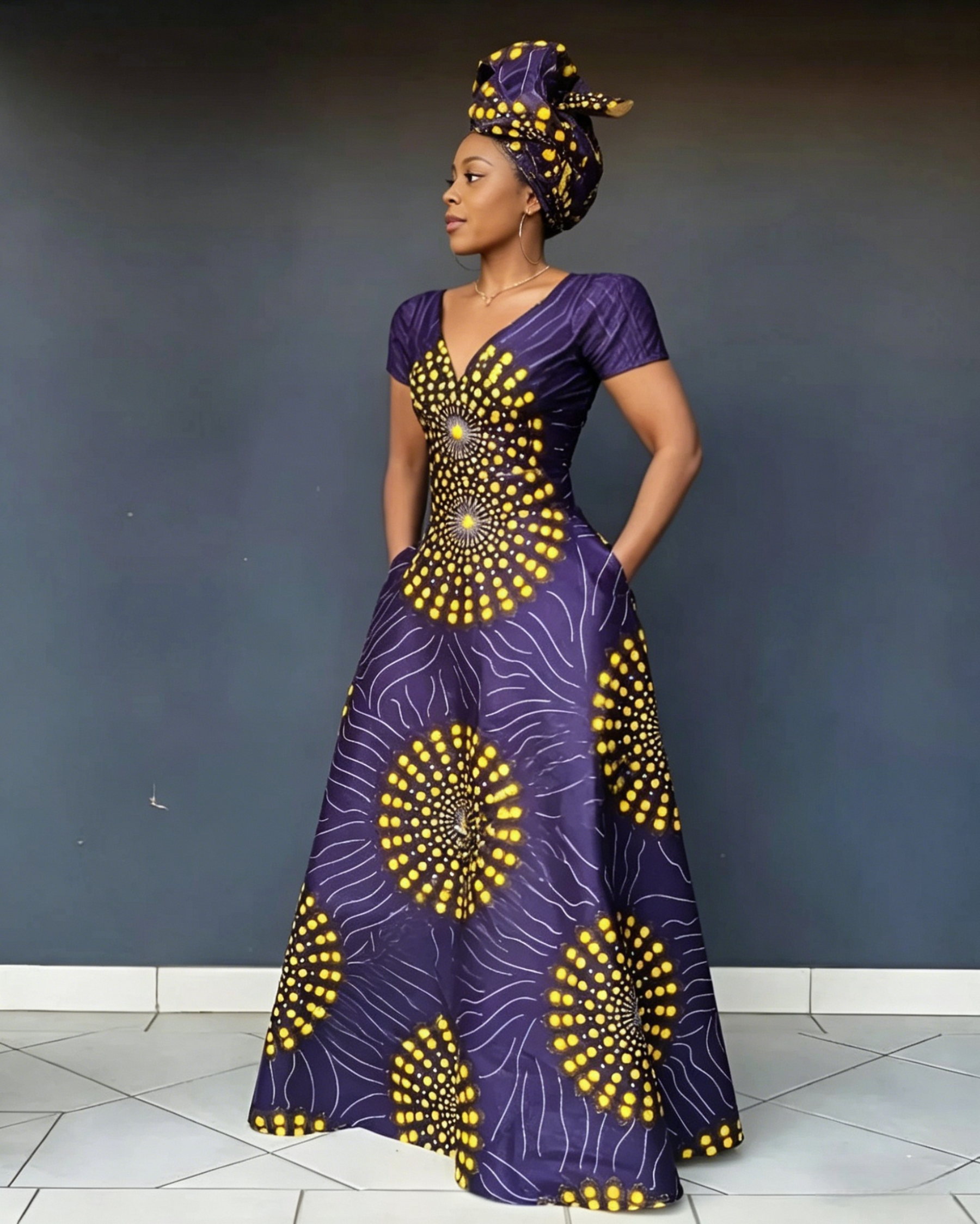 V Neck African Yellow Polka Dots Short Sleeve Maxi Dress