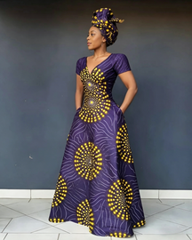 V Neck African Yellow Polka Dots Short Sleeve Maxi Dress