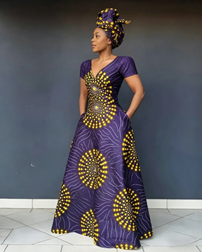 V Neck African Yellow Polka Dots Short Sleeve Maxi Dress
