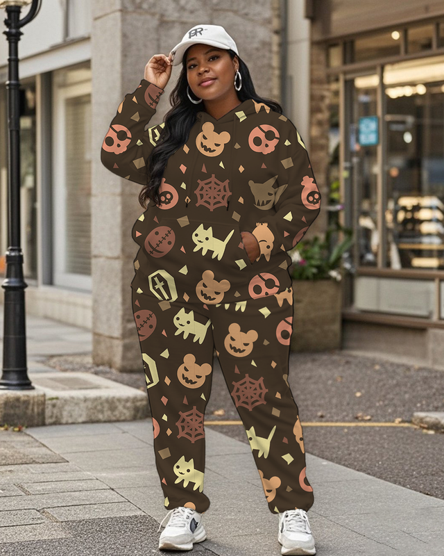 Women's Plus Size Halloween Graffiti Hoodie Set