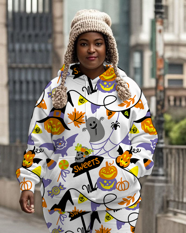 Women's Plus Size Halloween Graffiti Hoodie Set