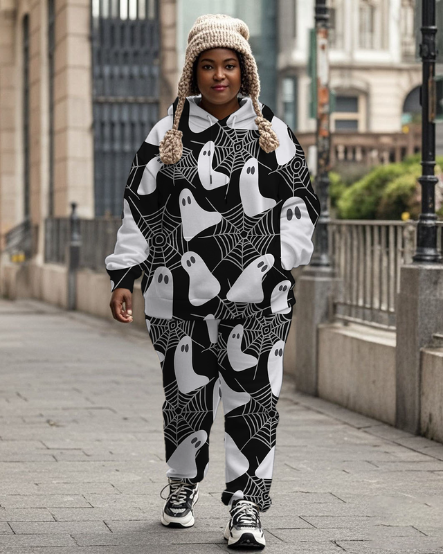 Women's Plus Size Halloween Graffiti Hoodie Set