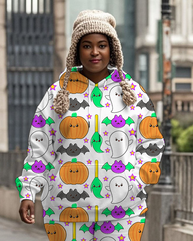 Women's Plus Size Halloween Graffiti Hoodie Set
