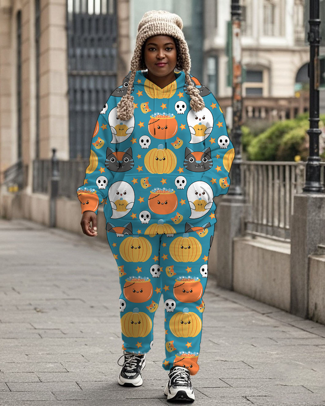 Women's Plus Size Halloween Graffiti Hoodie Set