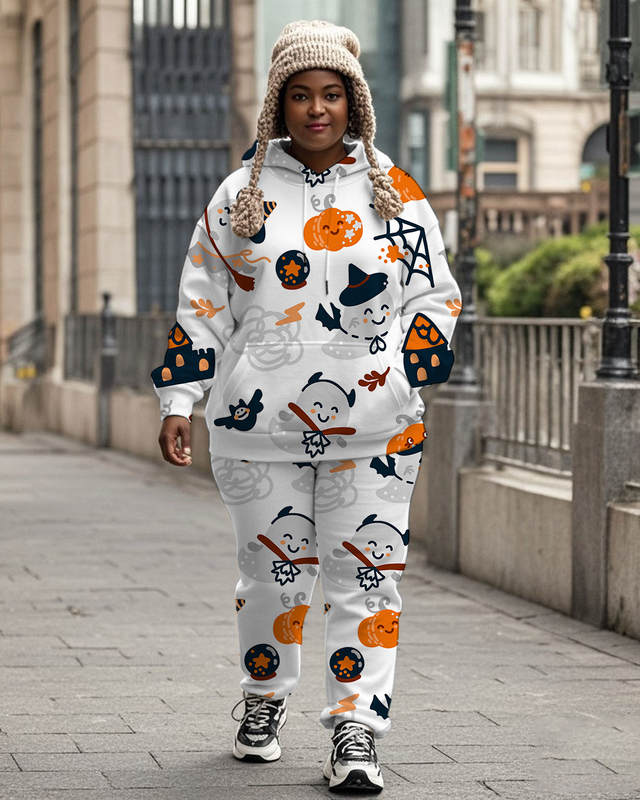 Women's Plus Size Halloween Graffiti Hoodie Set