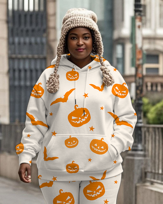 Women's Plus Size Halloween Graffiti Hoodie Set