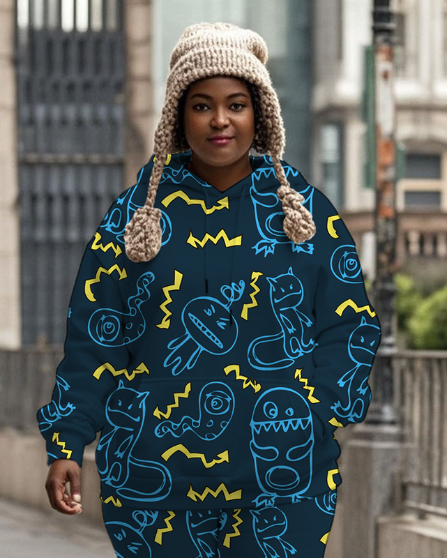 Women's Plus Size Halloween Graffiti Hoodie Set