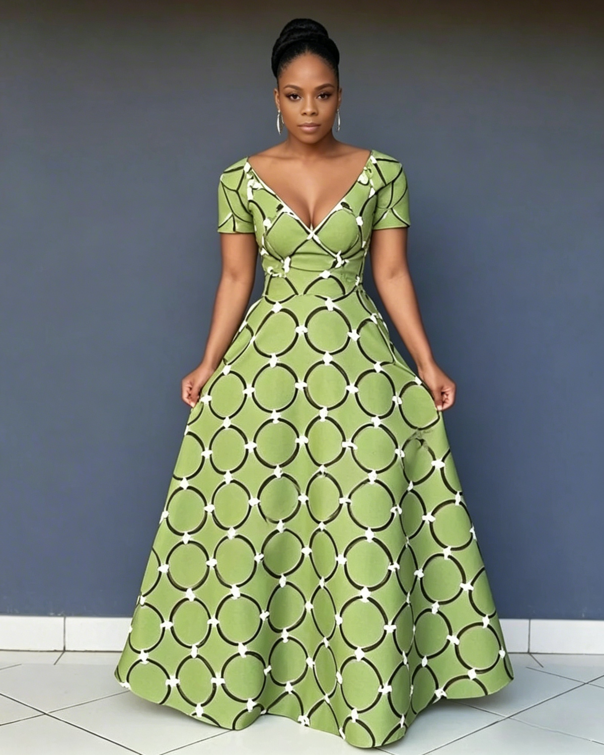 V Neck African Circular Print Short Sleeve Maxi Dress