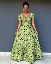 V Neck African Circular Print Short Sleeve Maxi Dress