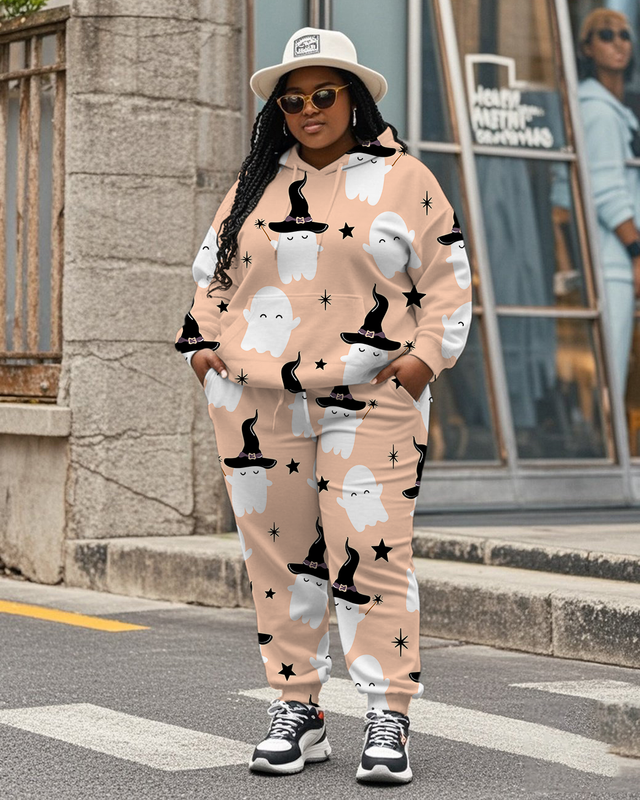 Women's Plus Size Halloween Graffiti Hoodie Set