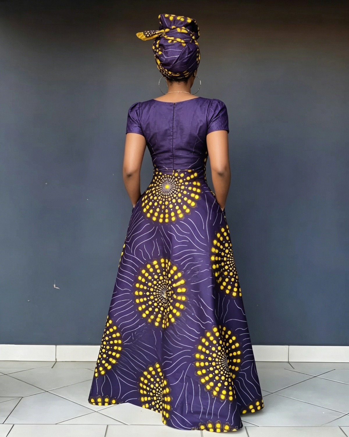 V Neck African Yellow Polka Dots Short Sleeve Maxi Dress