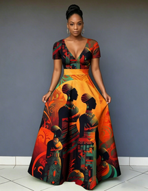 V Neck Beautiful African Woman Short Sleeve Maxi Dress