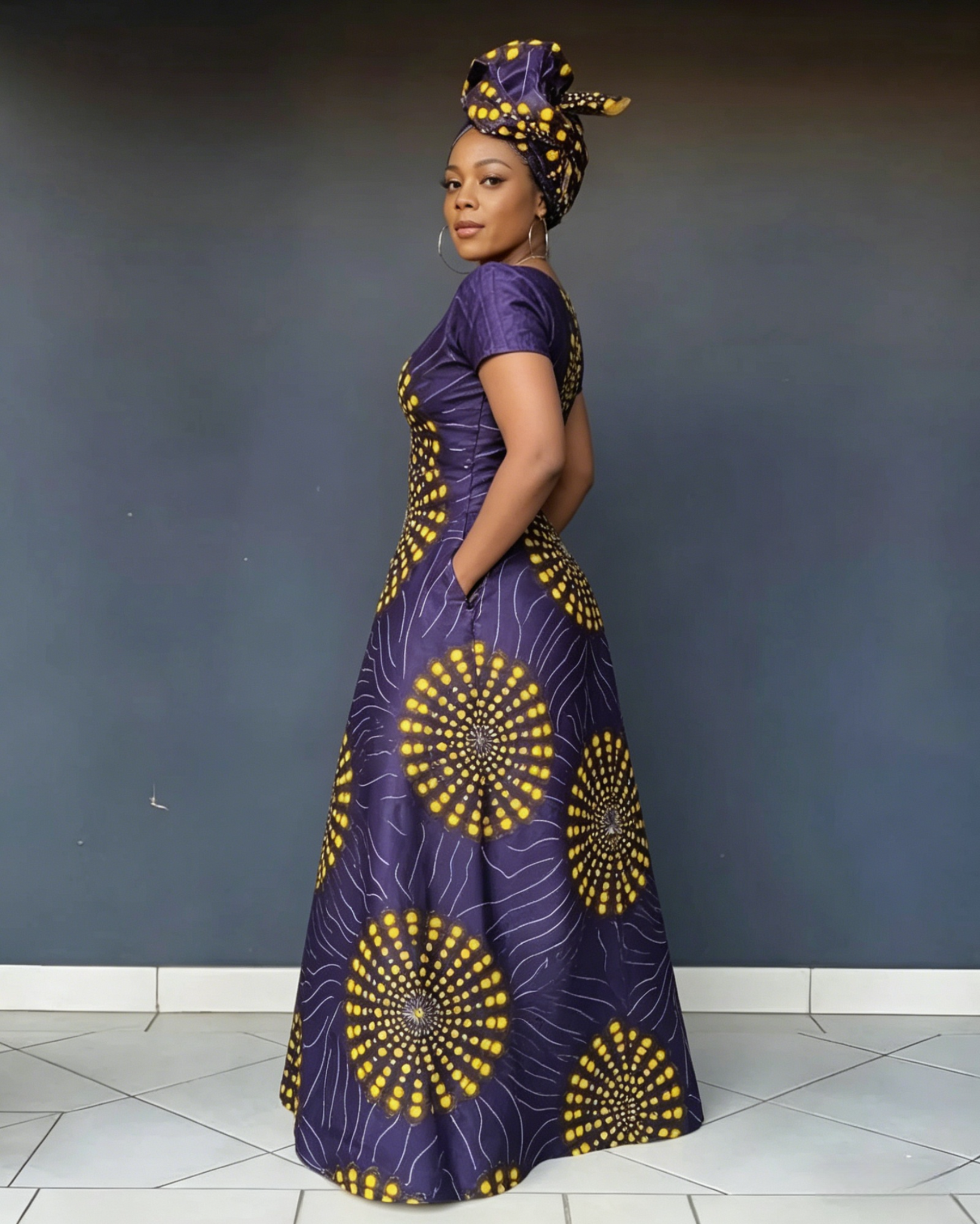 V Neck African Yellow Polka Dots Short Sleeve Maxi Dress