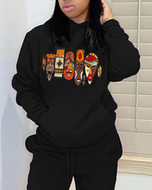 Hooded black Indian print women's sweatshirt suit
