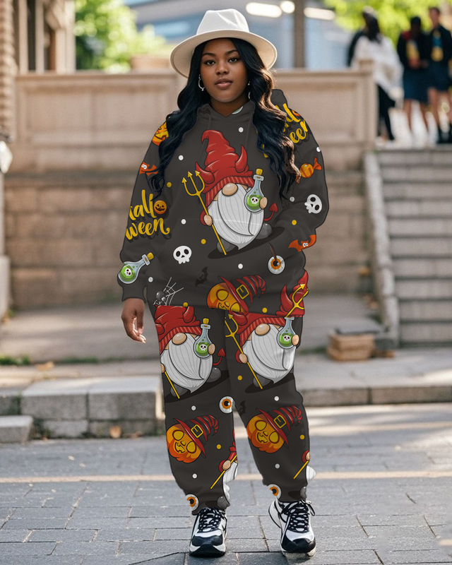 Women's Plus Size Halloween Graffiti Hoodie Set