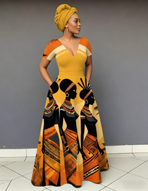 V Neck Retro Tribal Women Short Sleeve Maxi Dress