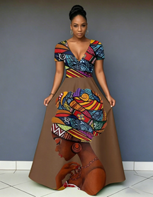 V Neck African Women Print Patchwork Short Sleeve Maxi Dress