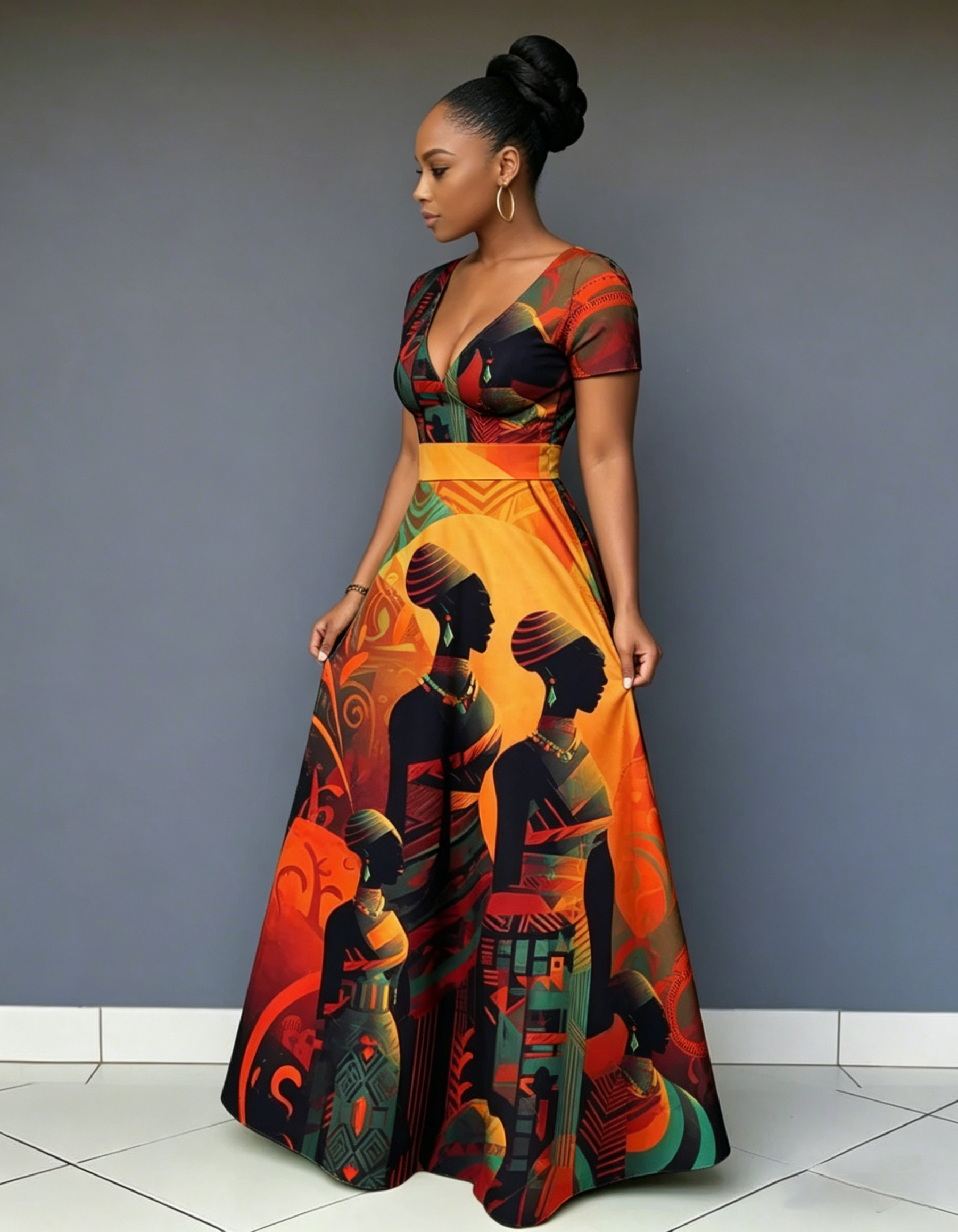 V Neck Beautiful African Woman Short Sleeve Maxi Dress