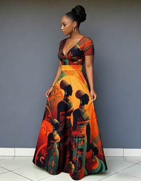 V Neck Beautiful African Woman Short Sleeve Maxi Dress
