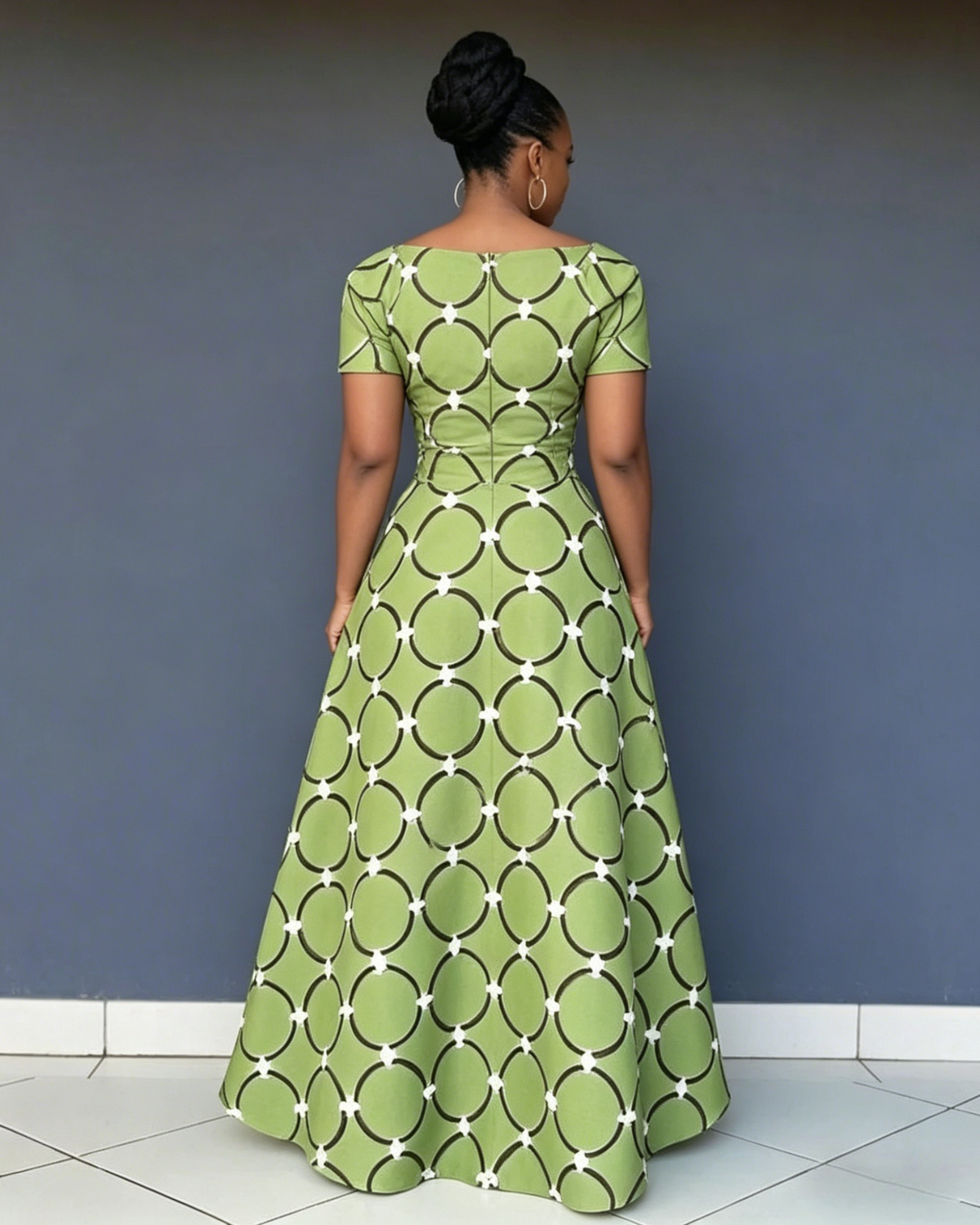 V Neck African Circular Print Short Sleeve Maxi Dress