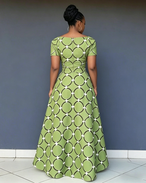 V Neck African Circular Print Short Sleeve Maxi Dress