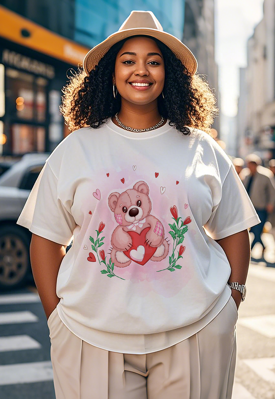 A cute bear cuddling a heart - shaped object Women's Plus Size T-shirts
