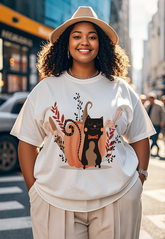 A cute black cat with its eyes closed beside a pumpkin Women's Plus Size T-shirts