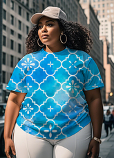 Blue lace and check pattern Women's Plus Size T-shirts