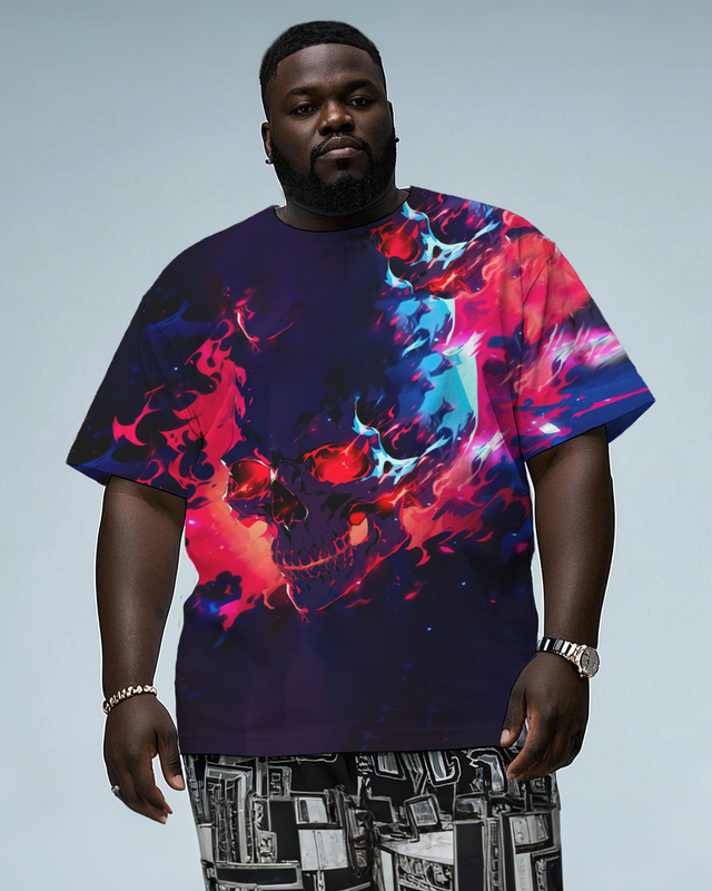 Burning Fire Skull Men's Plus Size Short Sleeve T-Shirt