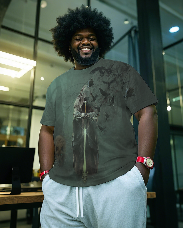 Dark Fantasy Skull Crow Sword & Wolf Men's Plus Size Short Sleeve T-Shirt
