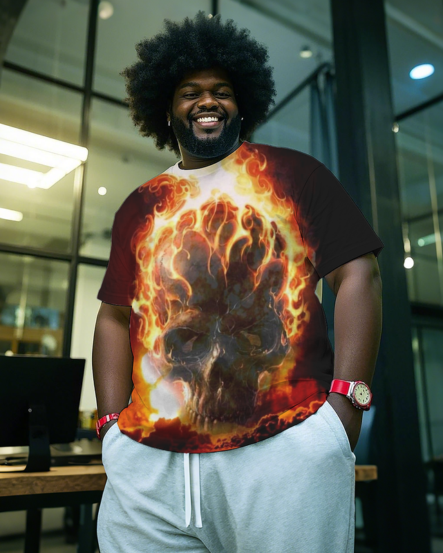 Fiery Skull Dark  Men's Plus Size Short Sleeve T-Shirt