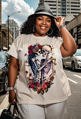 Flower - themed skull - adorned couple Women's Plus Size T-shirts