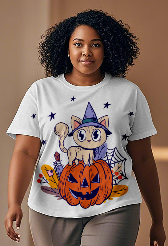 The cat on the painted pumpkin head Women's Plus Size T-shirts