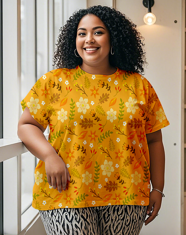 White flowers on a yellow background Women's Plus Size T-shirts