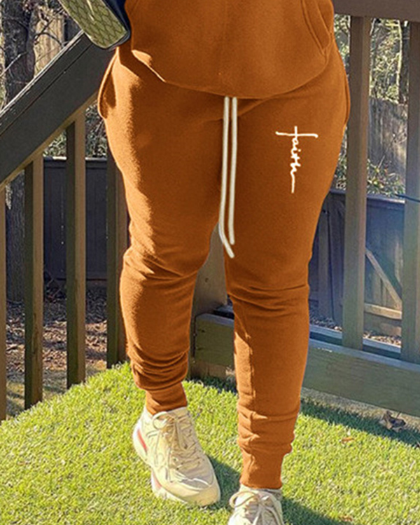 Simple Faith Print Hooded Long Sleeve Two Pieces