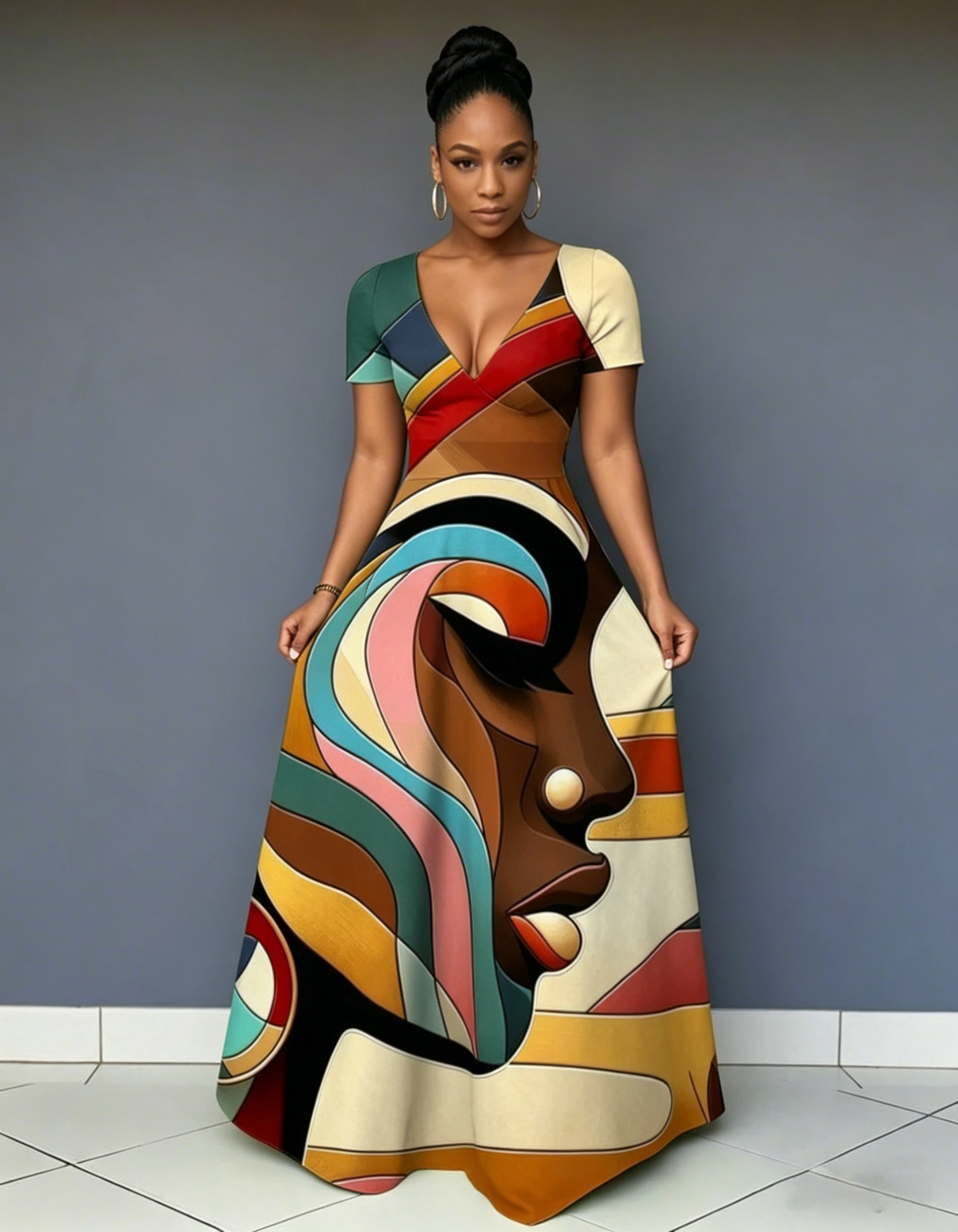 V Neck Color Line Face Art Short Sleeve Maxi Dress