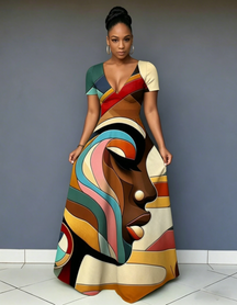 V Neck Color Line Face Art Short Sleeve Maxi Dress